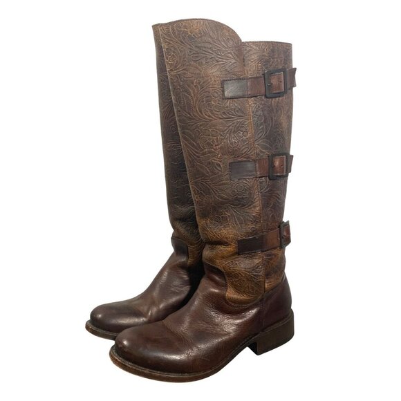 J.B. Dillion tooled Leather tall riding boots buckle shaft steampunk women’s 7 - Picture 1 of 14